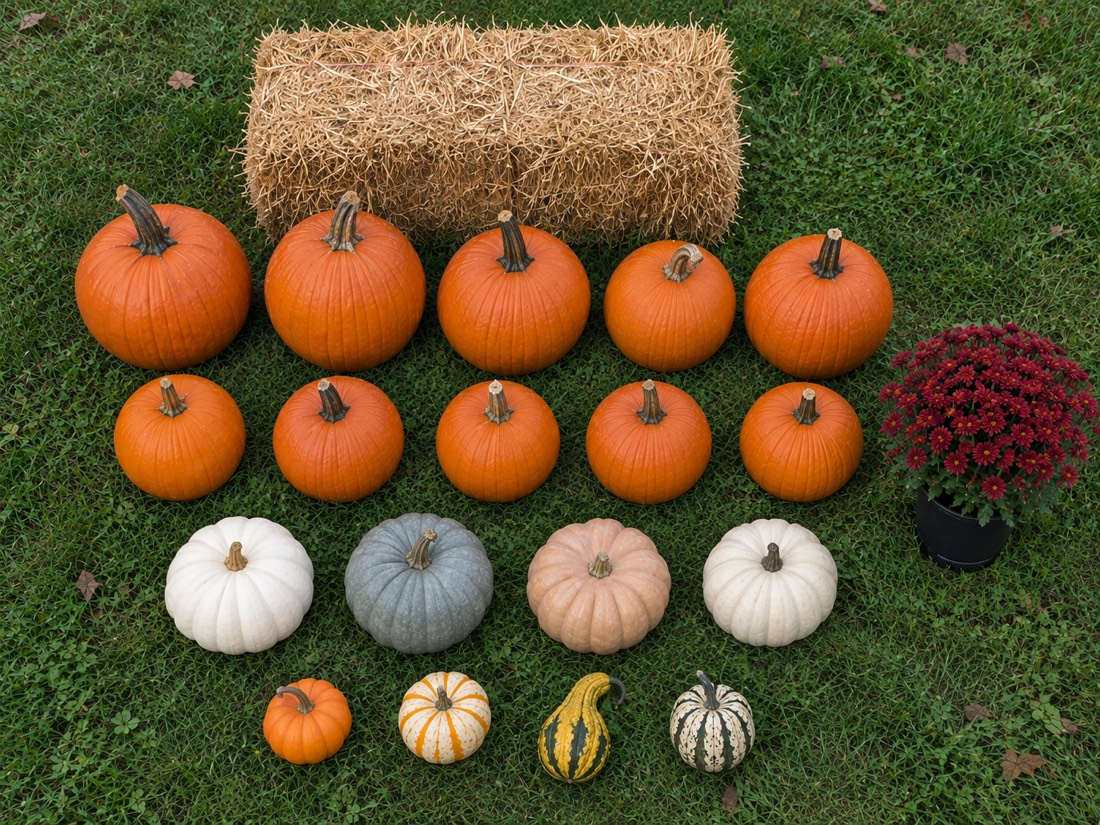Everything included in the Classic Porch: 10 large and medium orange pumpkins, 4 specialty pumpkins, 4 minis and gourds, 1 mum and 1 hay bale