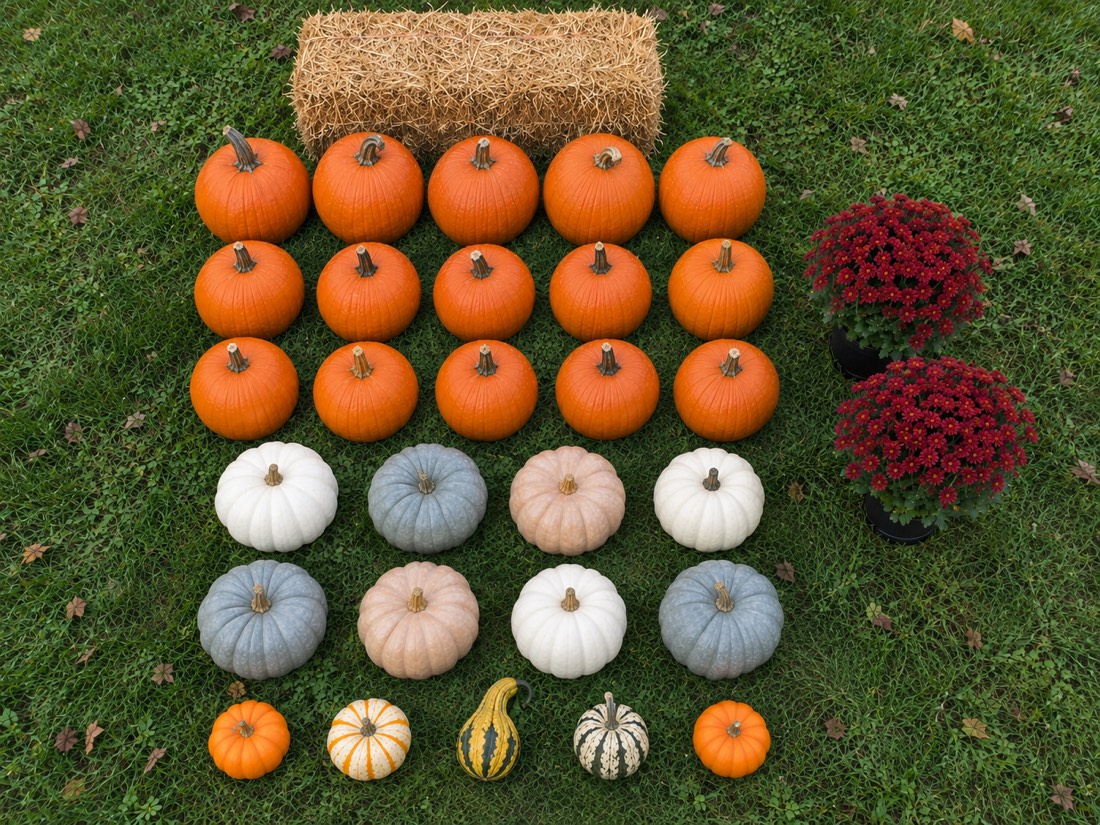 Everything included in the Full Porch: 15 large and medium orange pumpkins, 8 specialty pumpkins, 5 minis and gourds, 2 mums and 1 hay bale