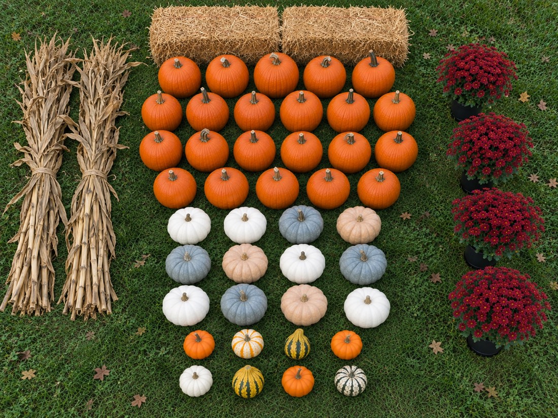 Everything included in the Grand Entry: 22 large and medium orange pumpkins, 12 specialty pumpkins, 8 minis and gourds, 4 mums, 2 hay bales and corn stalks